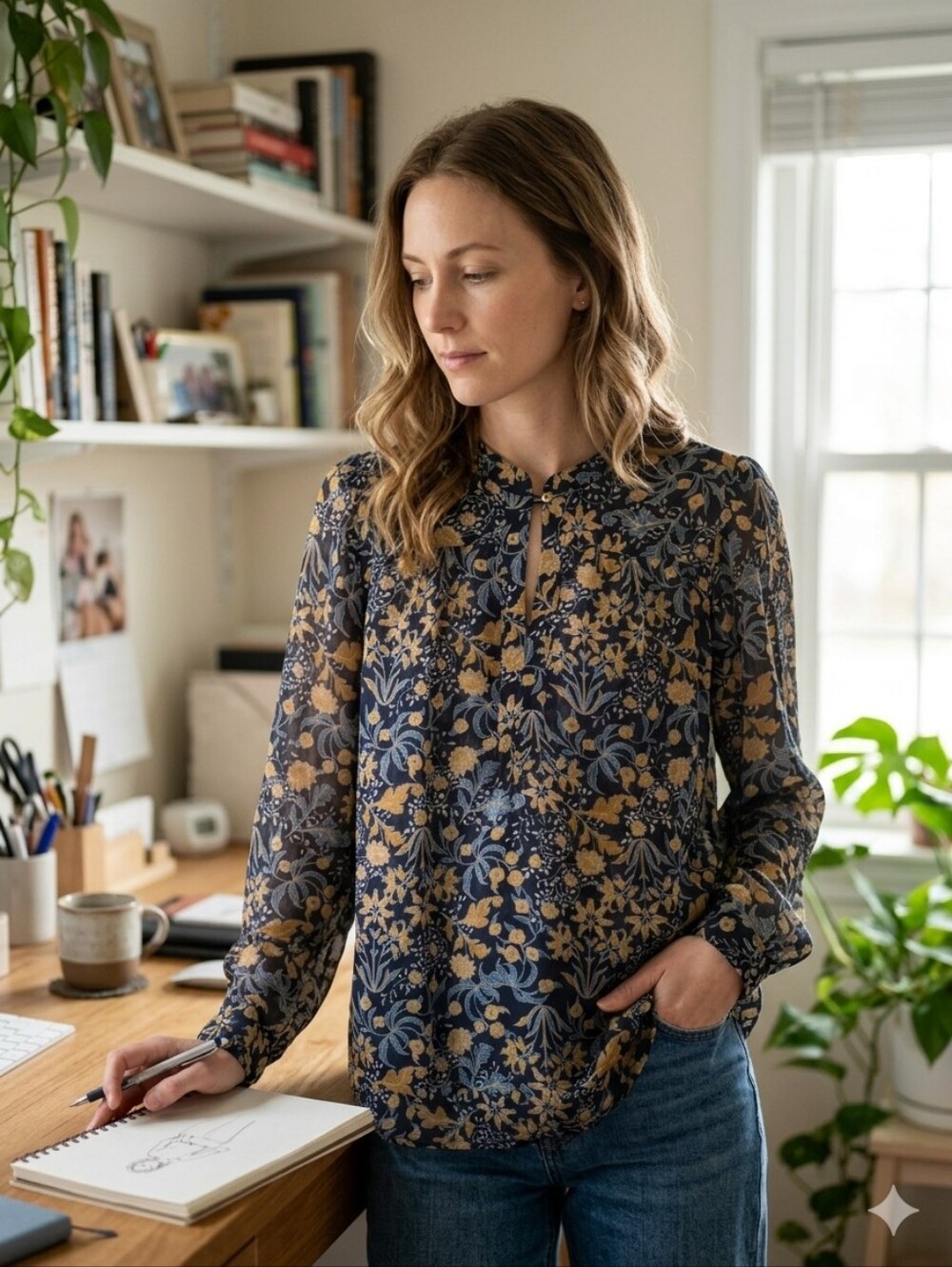 Part Two Women's Cottagecore Dark Academic Navy Floral Sheer Blouse Size 34/4